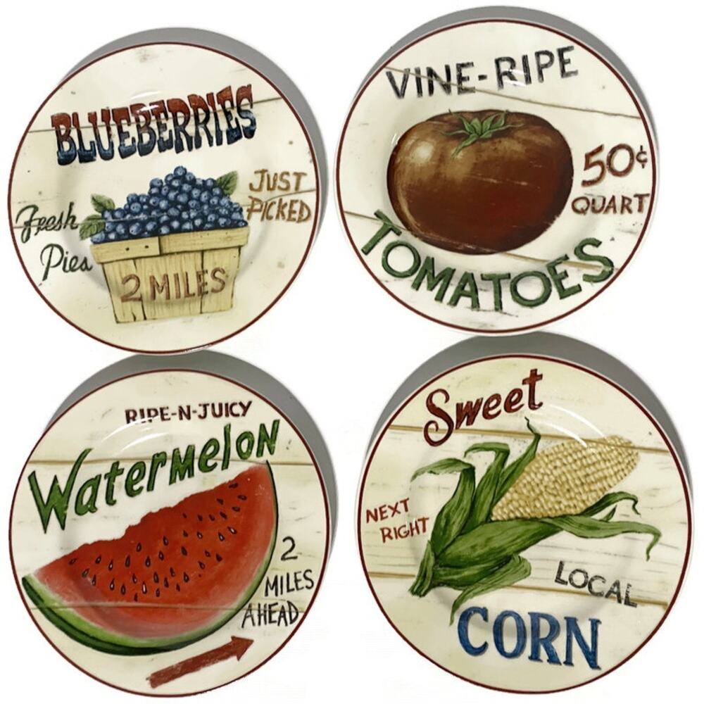 Home Trends Farm Dessert Salad Side Plate Corn Watermelon Tomatoes etc Set of 4